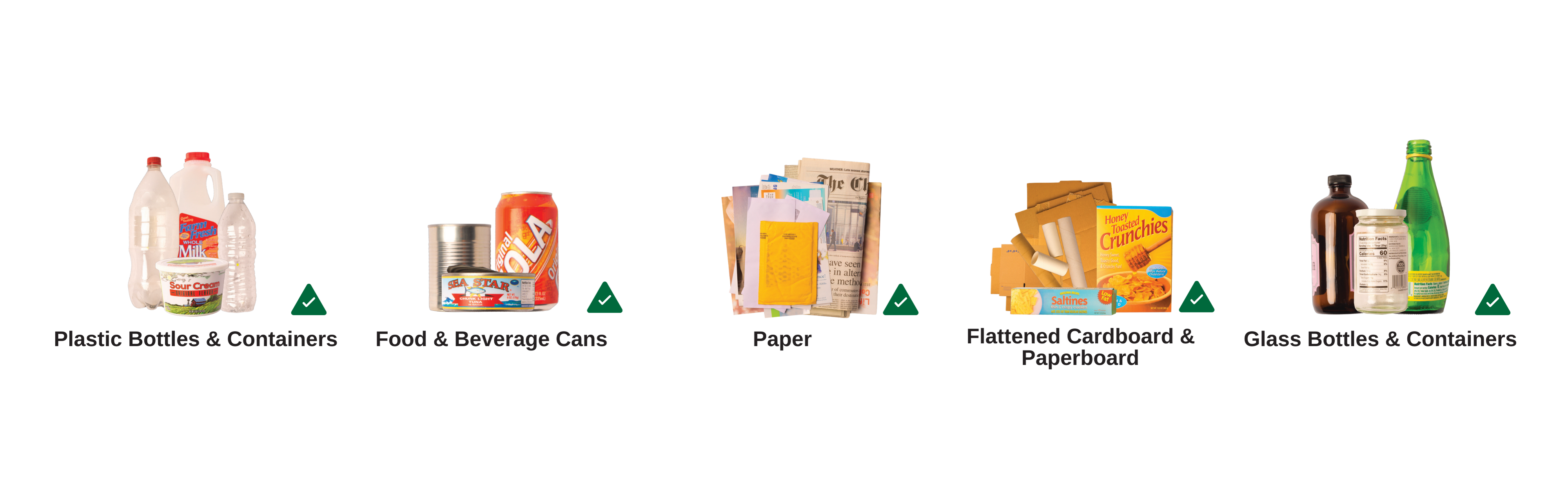 Example of recycling images, in order from left to right: plastic bottles & containers, food & beverage cans, paper, flattened cardboard & paperboard, glass bottles & containers 